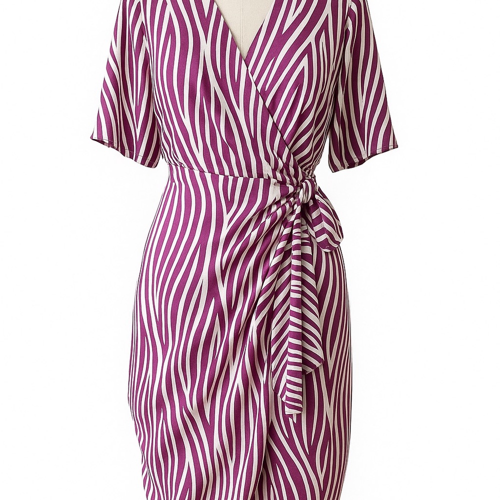 Lush Magenta and White V-Neck Silky Wrap Midi Dress